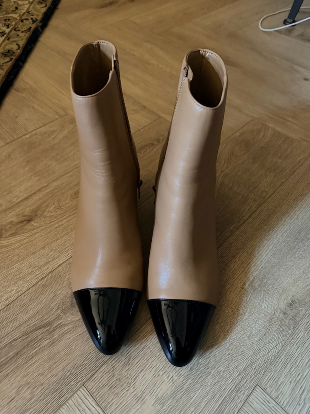 Marc Fisher Tan Ankle Boots with Black Patent Cap Toe